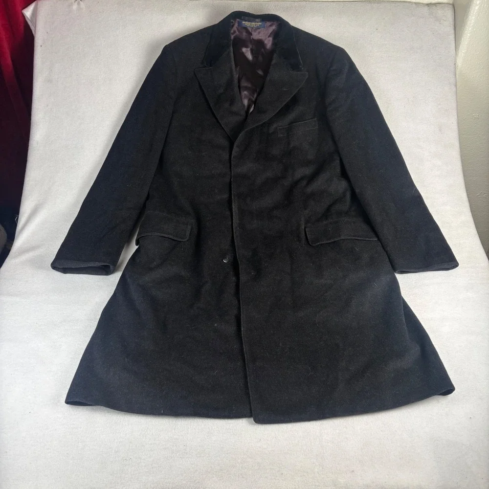 Brooks Brothers Mens Black Wool Velvet Collar Chesterfield Overcoat Size 45R